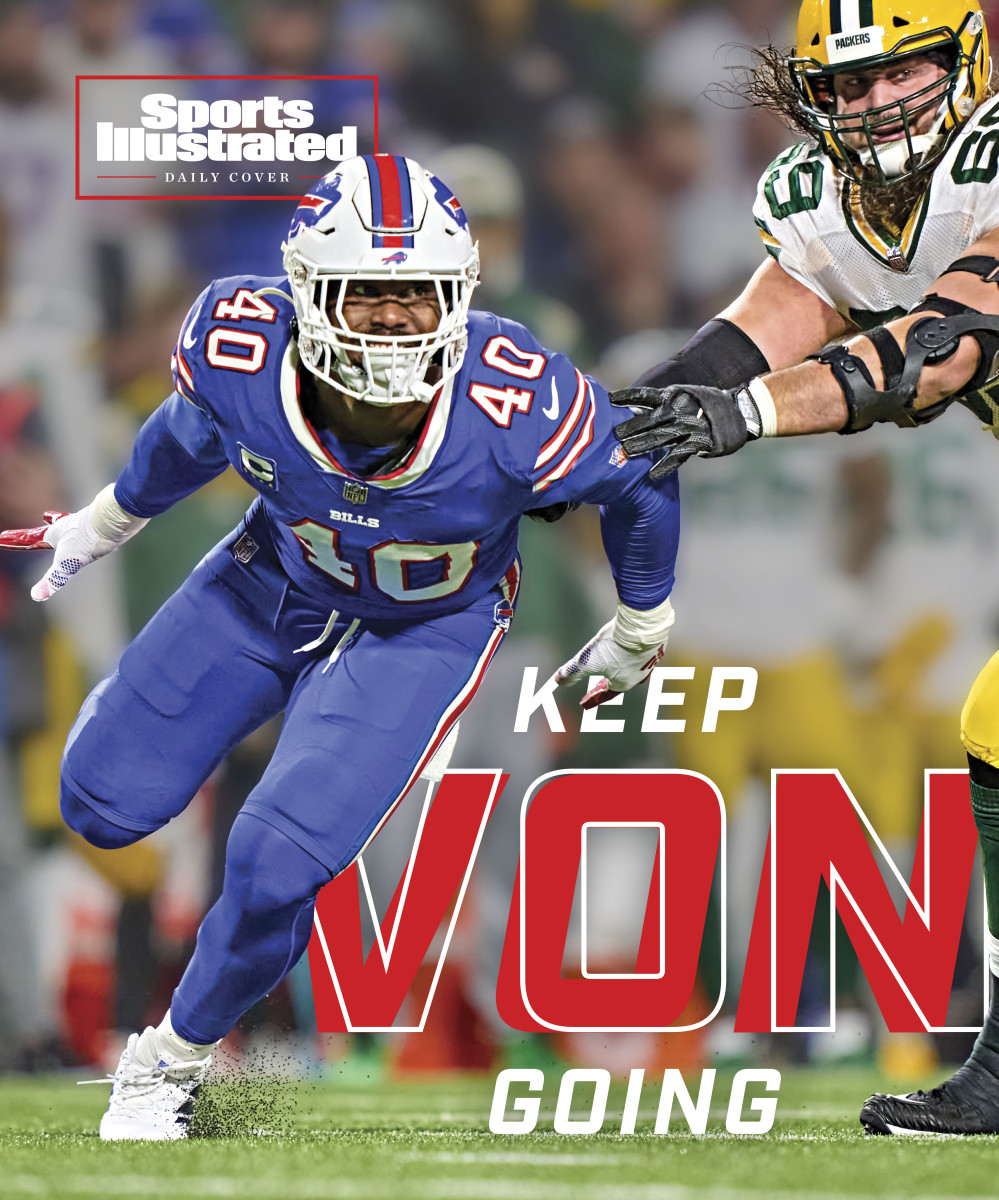 Von Miller comes around the edge against the Packers, with text that says KEEP VON GOING
